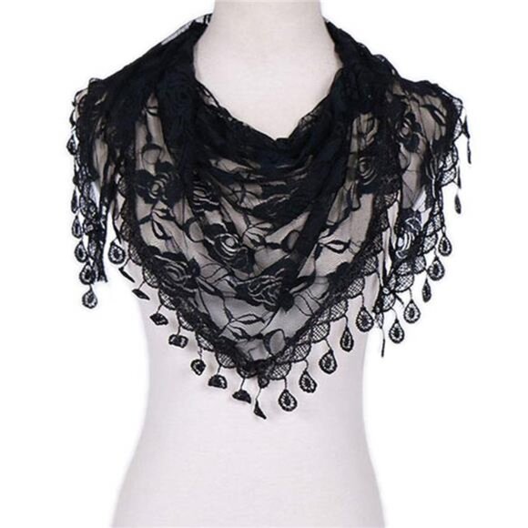 LMVERNA Lace Tassel Sheer Floral Triangle Mantilla Scarf Printed Silk Soft - Picture 3 of 16